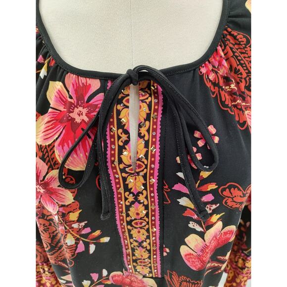 J.M.Collection Woman's Floral Pullover Blouse Black+Red Rhinestones Size Large - Picture 7 of 10